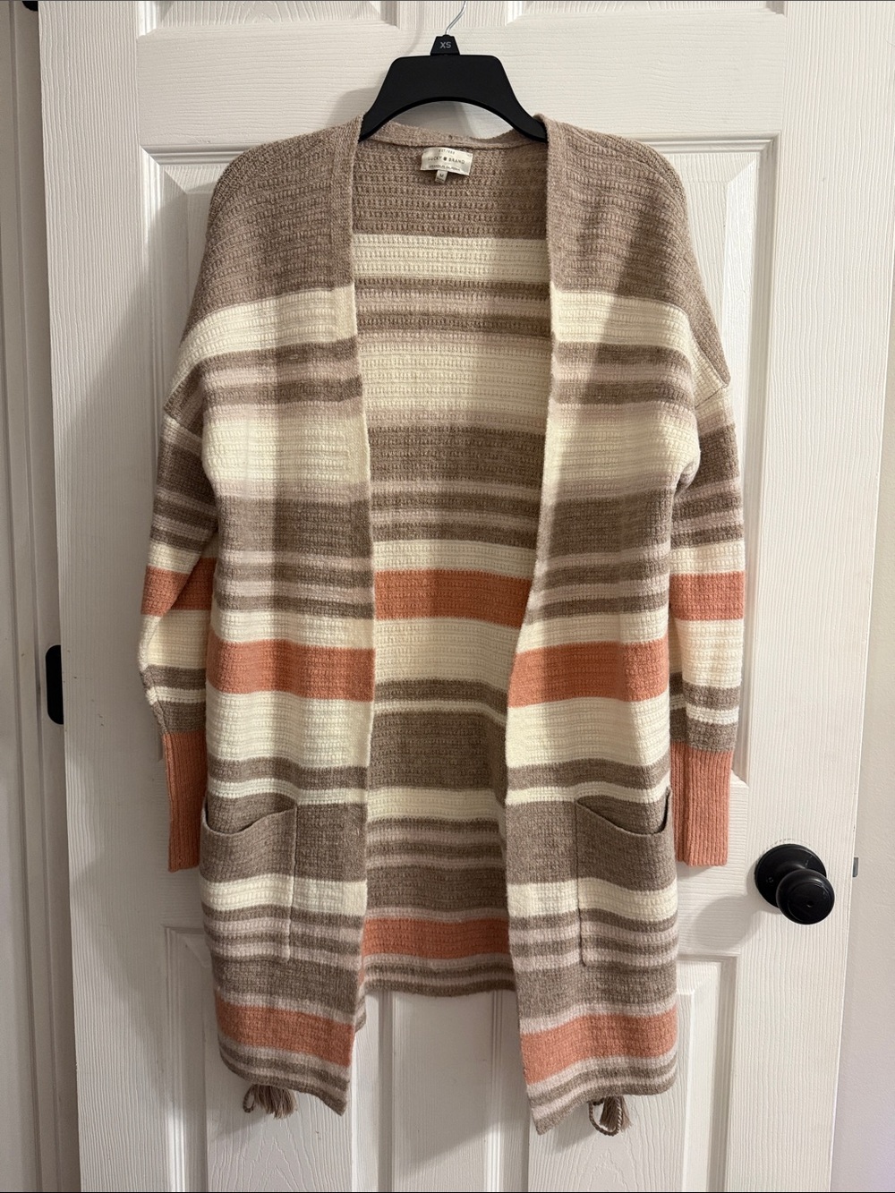 Lucky Brand Striped Open-Front Cardigan in Taupe, Cream & Coral